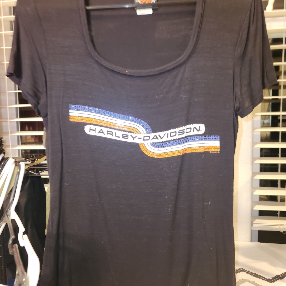 Harley-Davidson Black Tee with Blue and Orange Accents